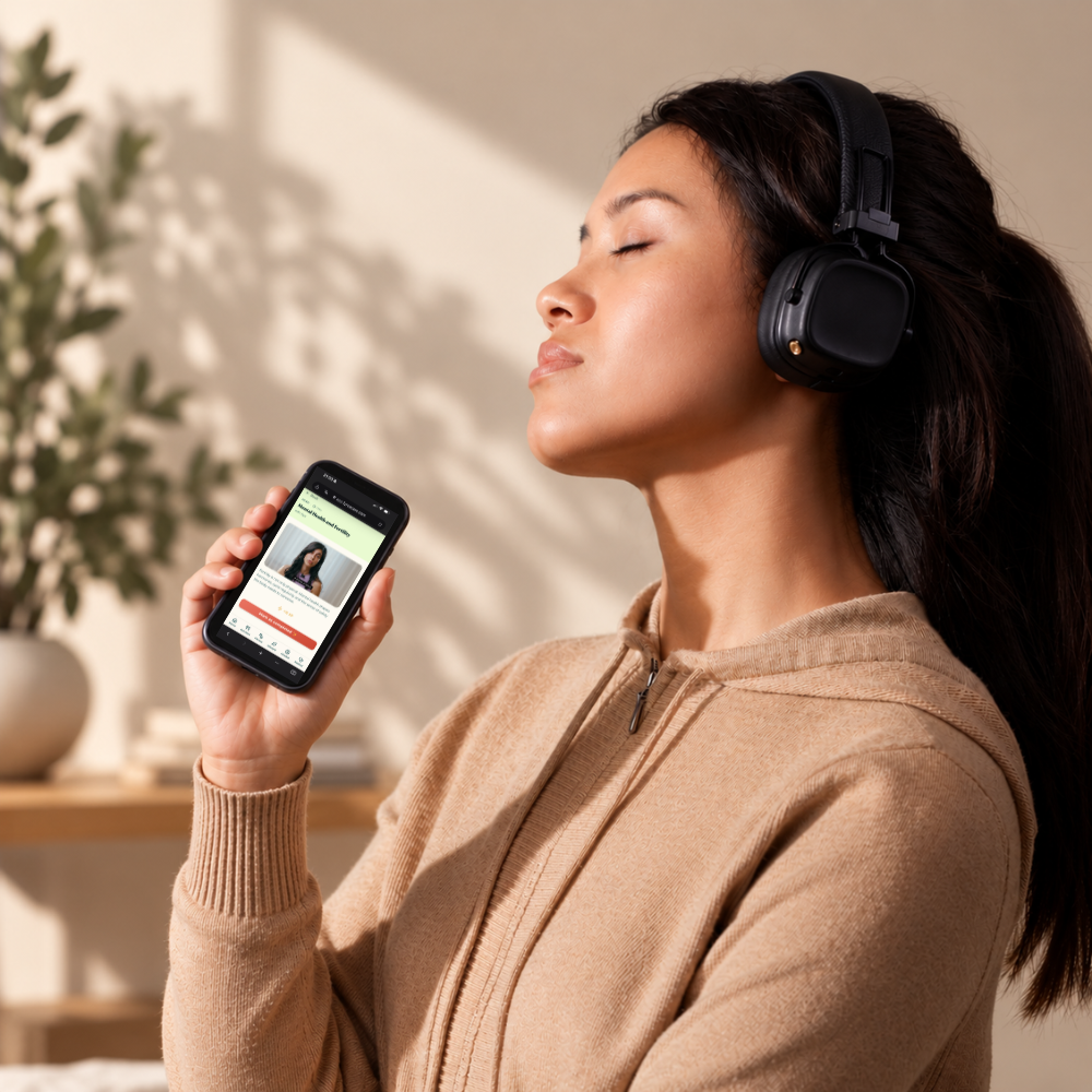 Woman with headphones and closed eyes listening to a guided audio in the Fyrce Grow app on her phone