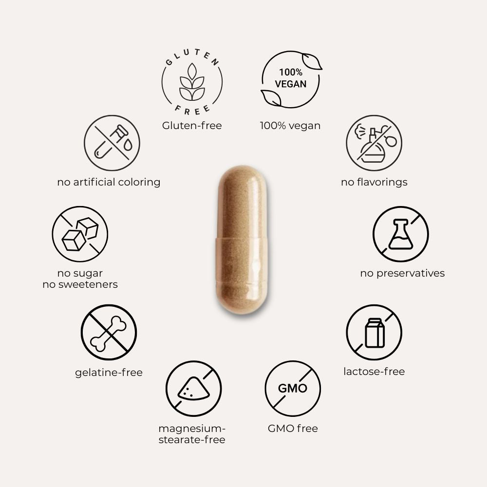 Her Fertility supplement capsule surrounded by allergen-free and vegan features.