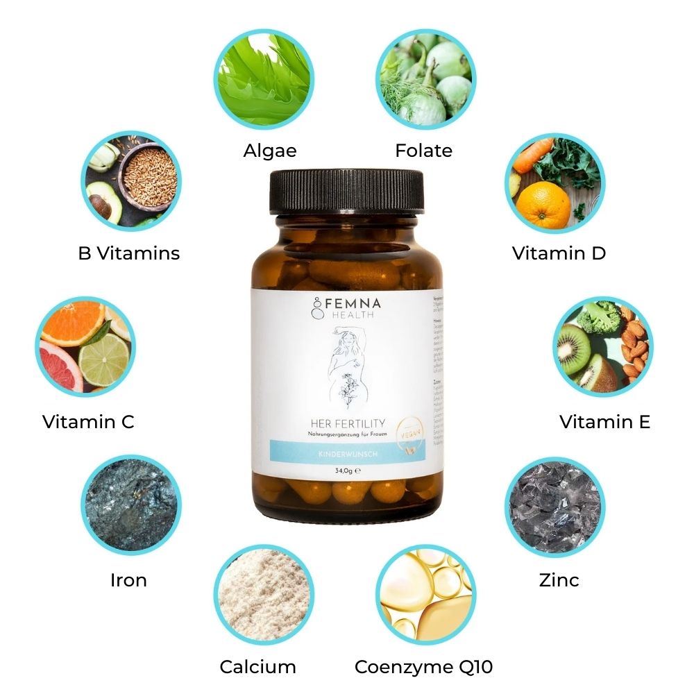 Overview of Her Fertility supplement ingredients like vitamins, zinc, iron and Q10.