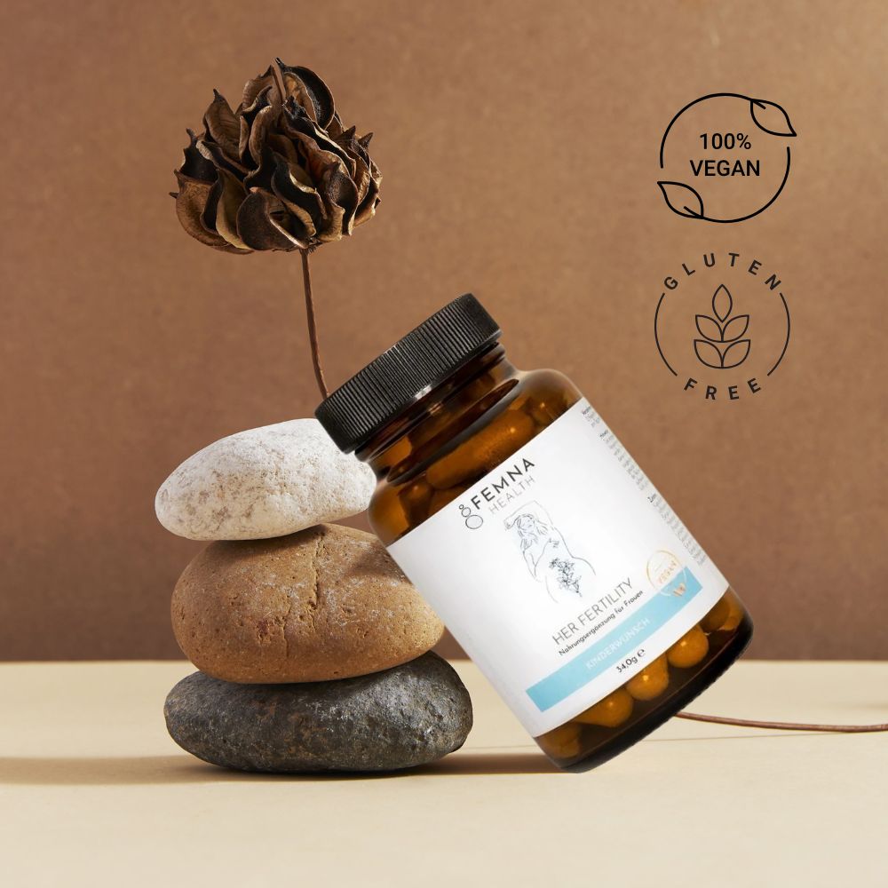 Fyrce Care Her Fertility supplement jar by Femna Health, shown with vegan and allergen-free icons.