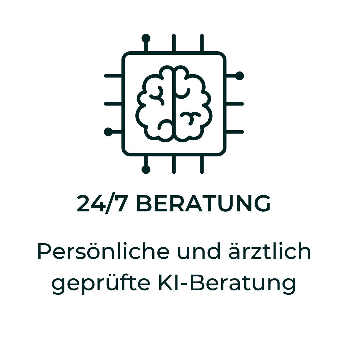 Symbol eines Schaltkreises mit Gehirn, mit dem Text: 24/7 Beratung – Persönliche und ärztlich geprüfte KI-Beratung.