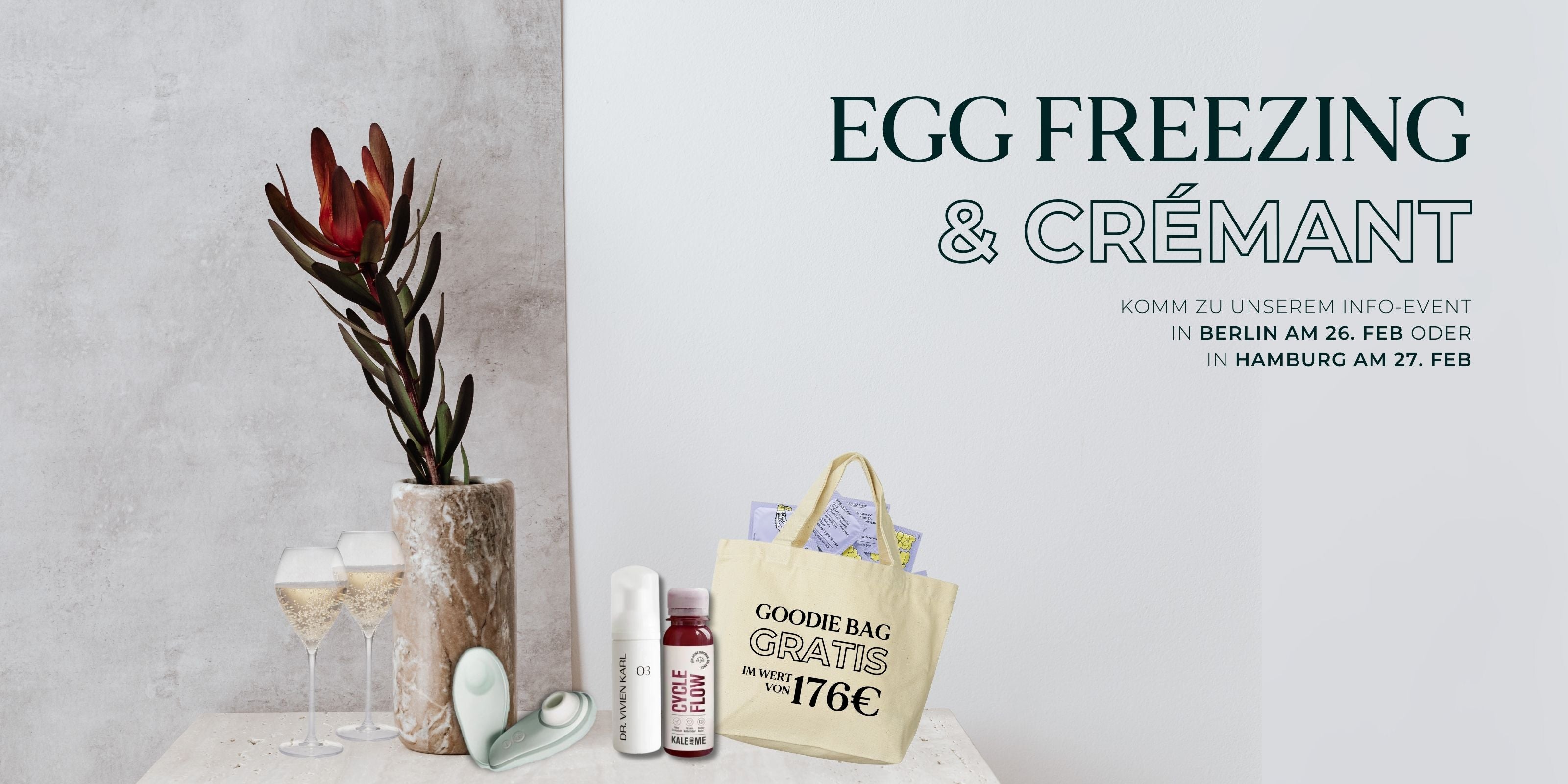 Desktop Event-Banner für ‚Egg Freezing & Crémant‘ in Hamburg und Berlin mit Veranstaltungsdetails und Branding.“