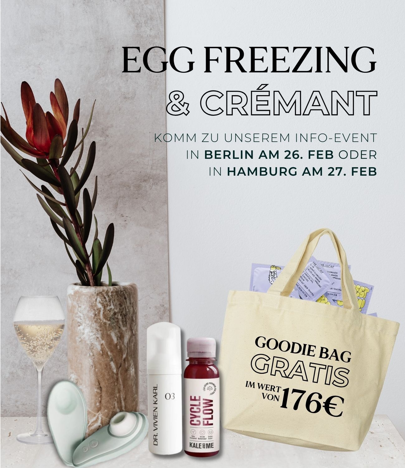 Mobil Event-Banner für ‚Egg Freezing & Crémant‘ in Hamburg und Berlin mit Veranstaltungsdetails und Branding.“