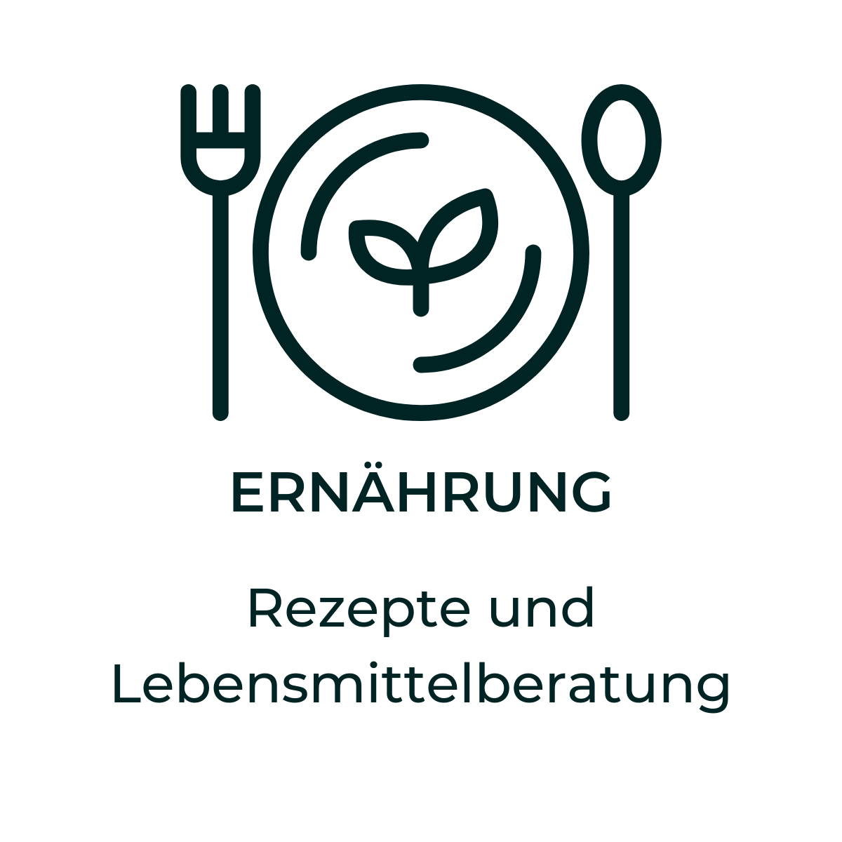 Symbol eines Tellers mit Besteck und einem Blatt, mit Text: Ernährung – Rezepte und Lebensmittelberatung.