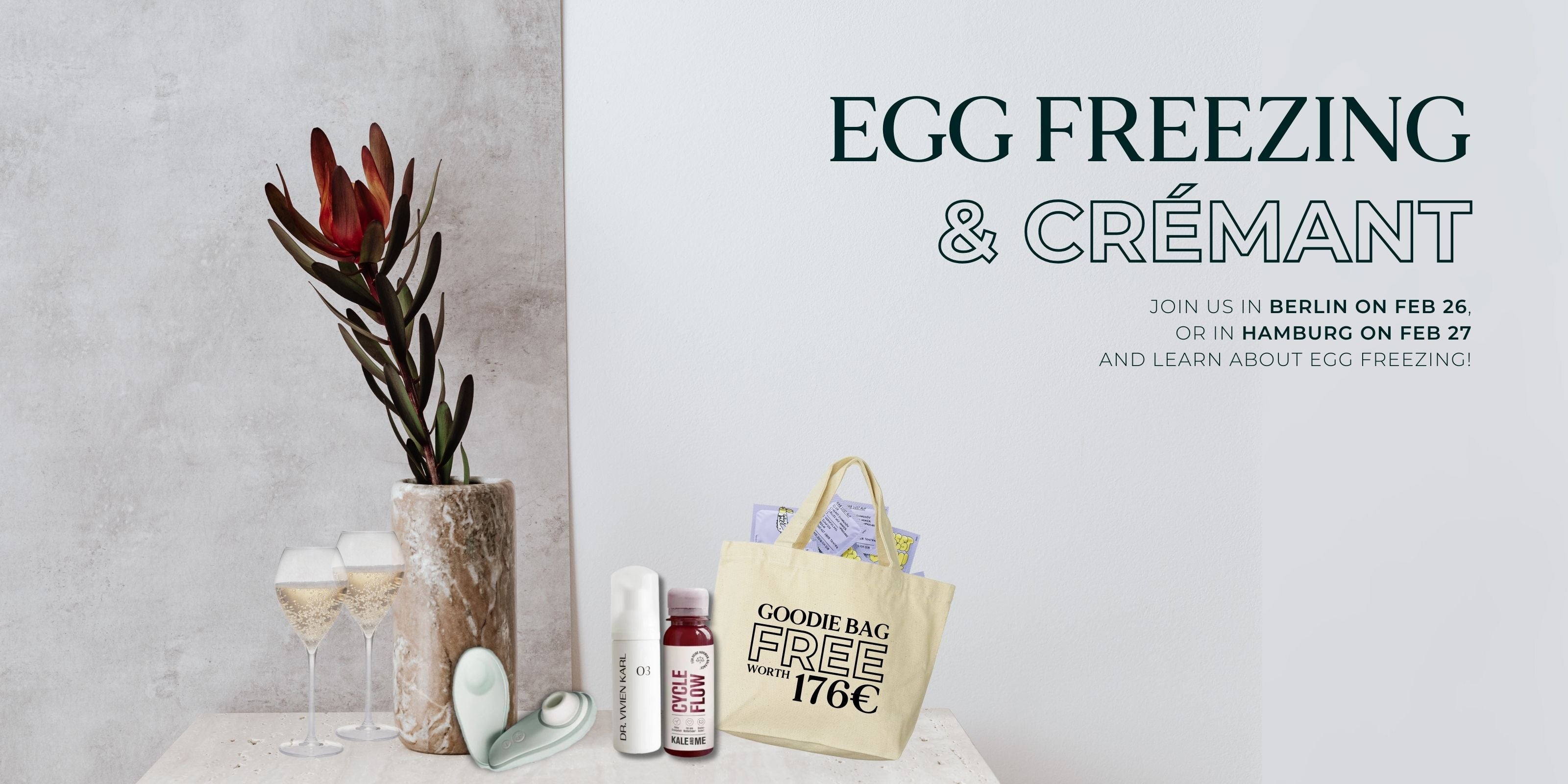 Event banner for 'Egg Freezing & Crémant' in Hamburg and Berlin, featuring event details and branding.