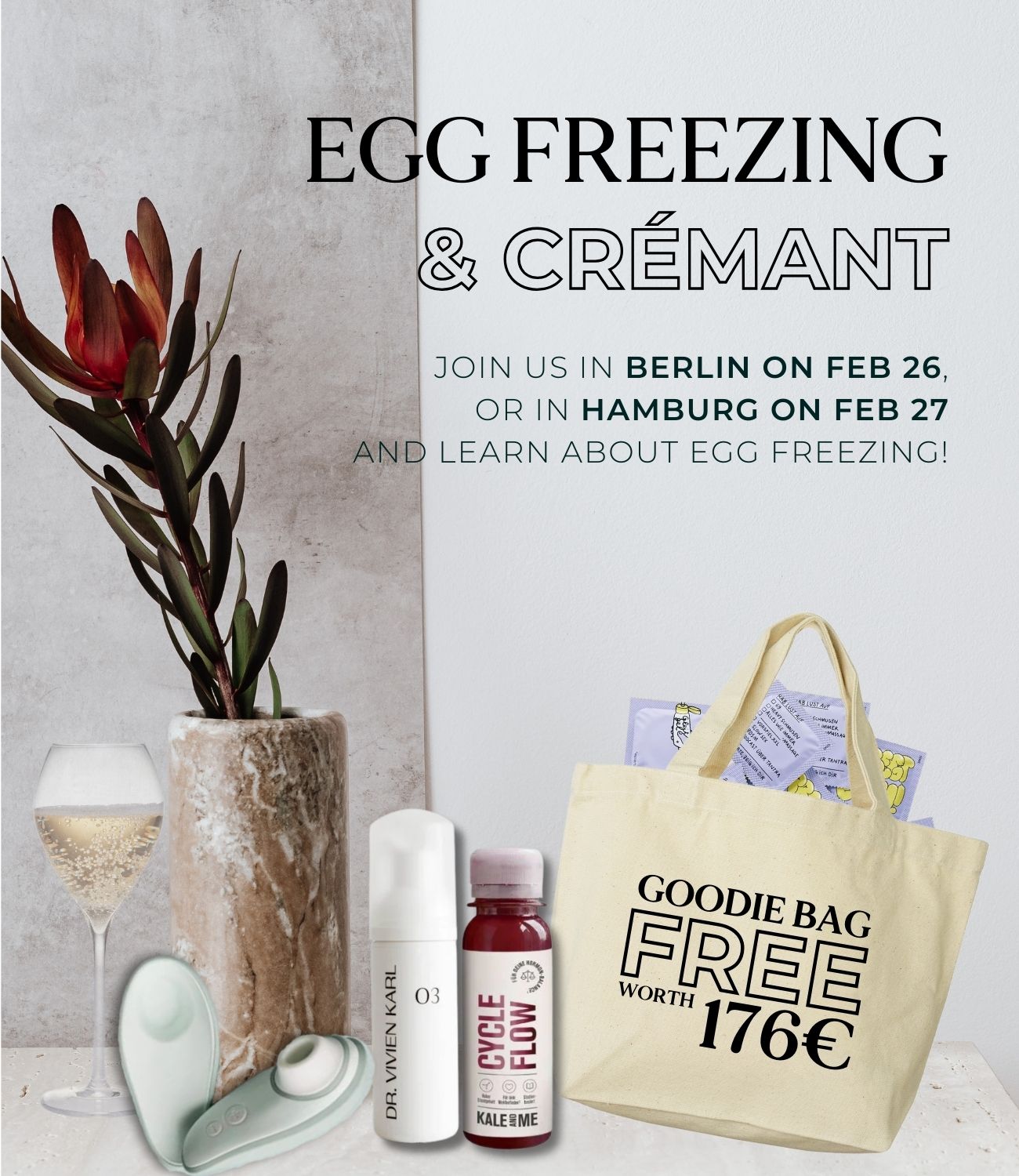 Mobile event banner for 'Egg Freezing & Crémant' in Hamburg and Berlin, featuring event details and branding.