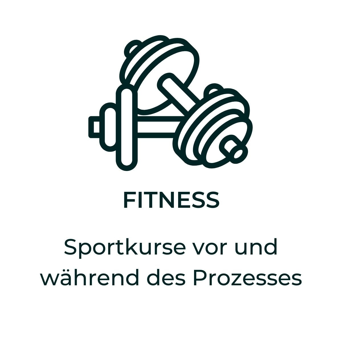 Symbol von Hanteln mit dem Text: Fitness – Sportkurse vor und während des Prozesses.