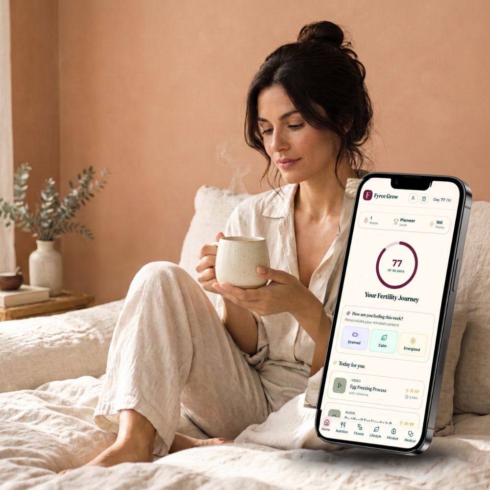 Woman relaxing on a bed with a cup of tea while using the Fyrce Grow app