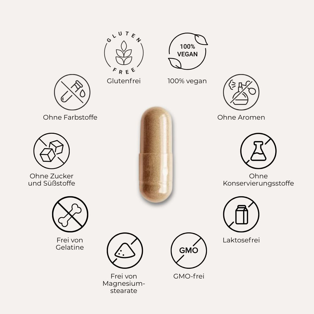Her Fertility Kapsel mit Informationen zu allergenfreien und veganen Inhaltsstoffen.