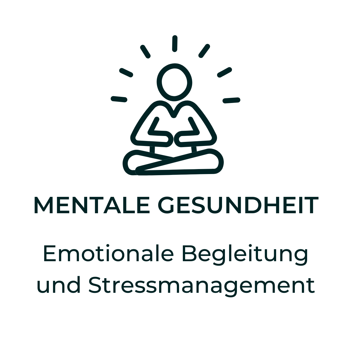 Symbol einer meditierenden Person mit Text: Mentale Gesundheit – Emotionale Begleitung und Stressmanagement.